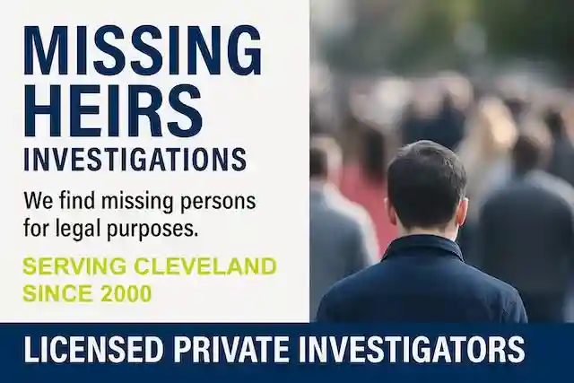 Private investigator reviewing family records and property documents to locate missing heirs in probate cases.