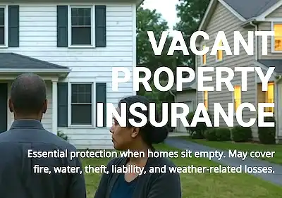 Couple standing outside a vacant house with text promoting vacant property insurance to protect against fire, theft, liability, and weather losses.